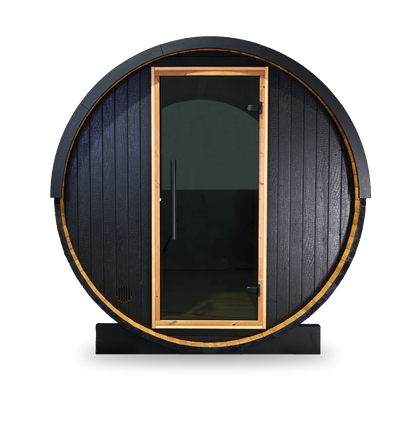 Thermory Ignite Barrel Sauna No. 54, 2-person outdoor barrel sauna, front view without porch