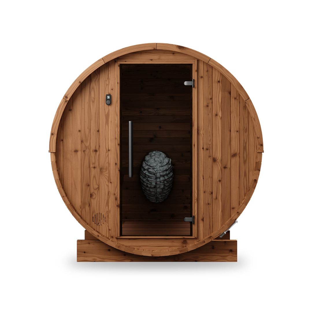 Thermory Barrel Sauna No. 53, 4-person outdoor barrel sauna, front view without porch