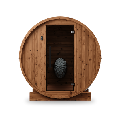 Thermory Barrel Sauna No. 53, 4-person outdoor barrel sauna, front view without porch
