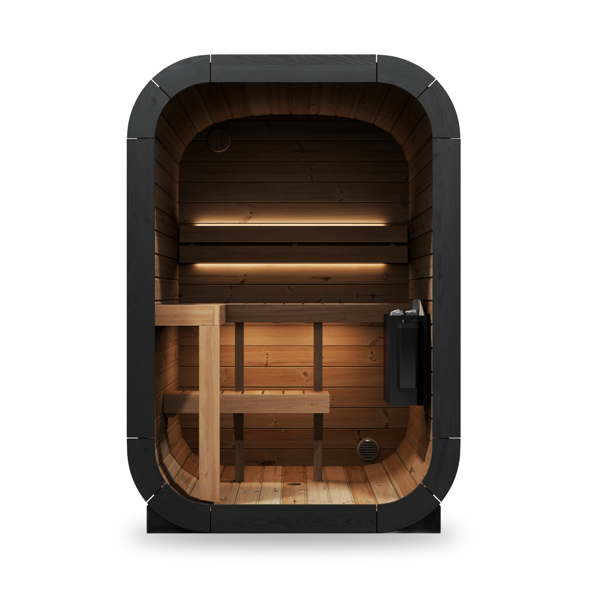SaunaLife CL3G Cube Sauna, 2-person cube sauna with full-glass front, interior view