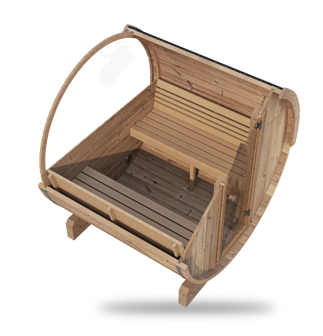 SaunaLife Model E7W, 4-person barrel sauna with window, close-up detail
