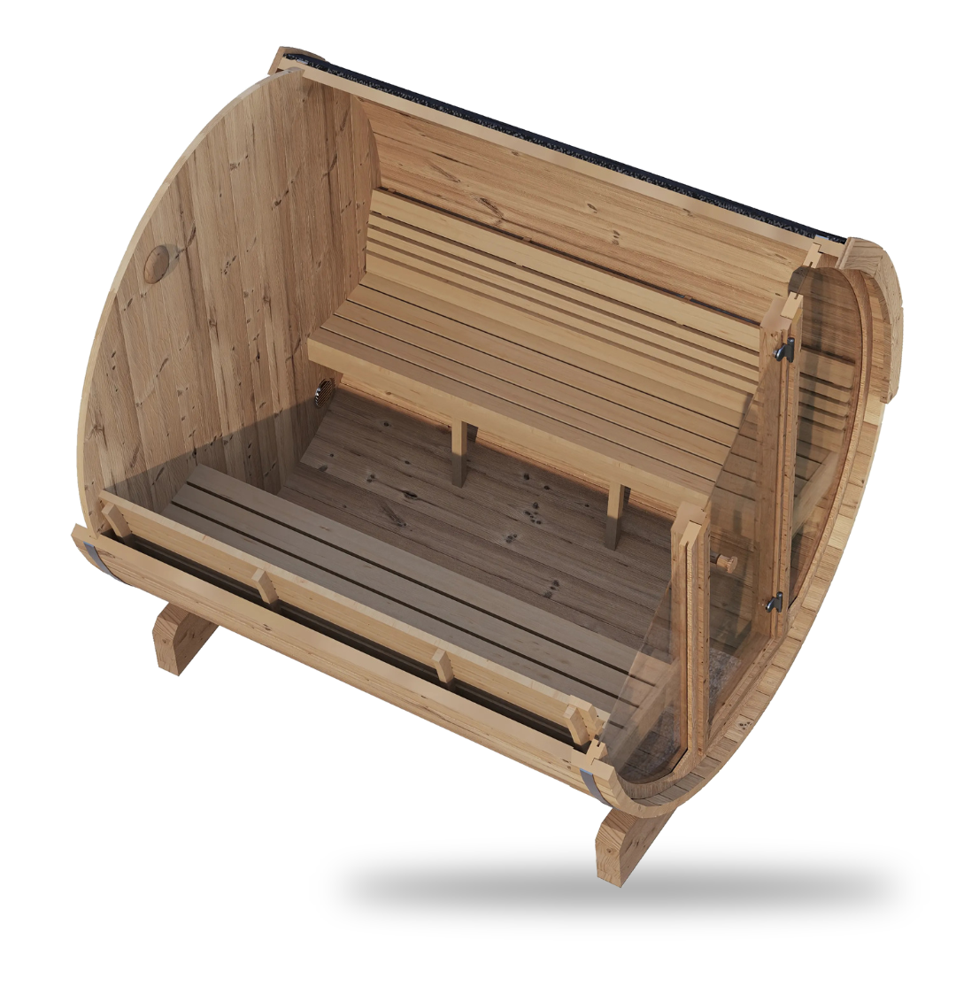 SaunaLife Model E8G, 6-person barrel sauna with panoramic glass, side view