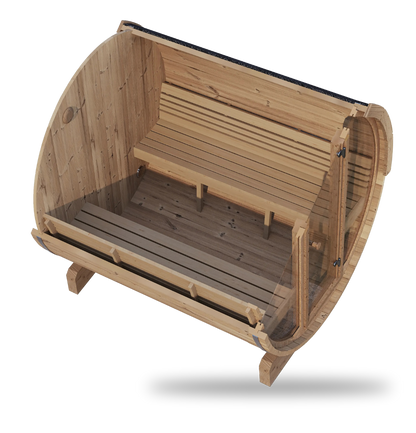 SaunaLife Model E8G, 6-person barrel sauna with panoramic glass, side view