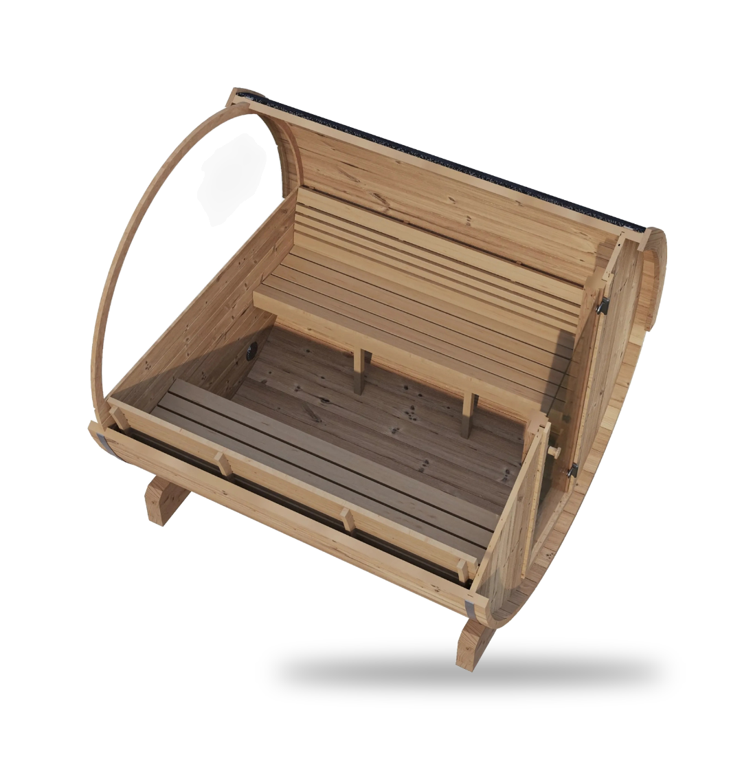 SaunaLife Model E8W, 6-person barrel sauna with window, close-up detail