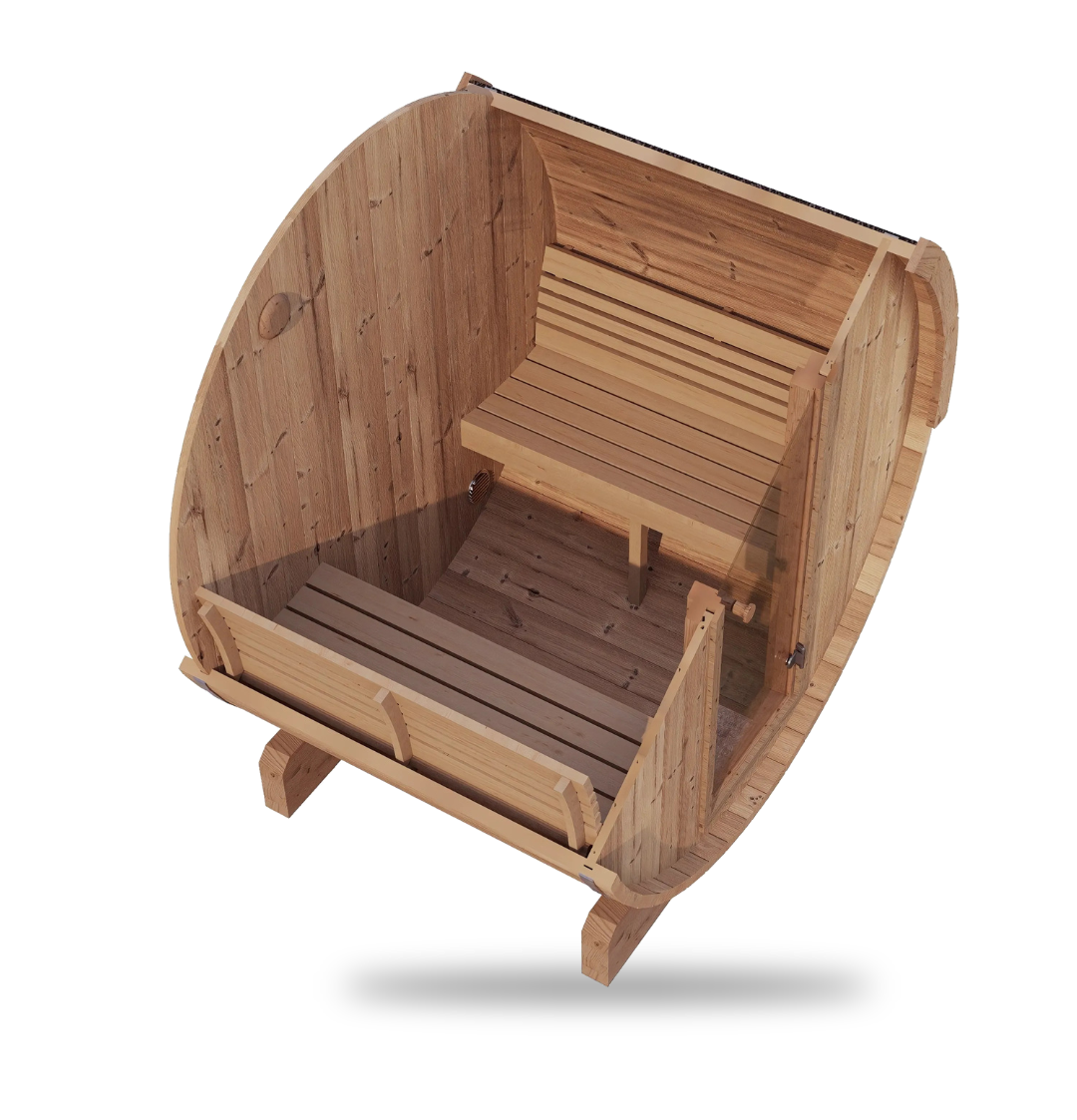 SaunaLife Model E6, 3-person Ergo-Series barrel sauna, angled view