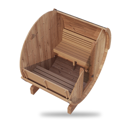 SaunaLife Model E6, 3-person Ergo-Series barrel sauna, angled view