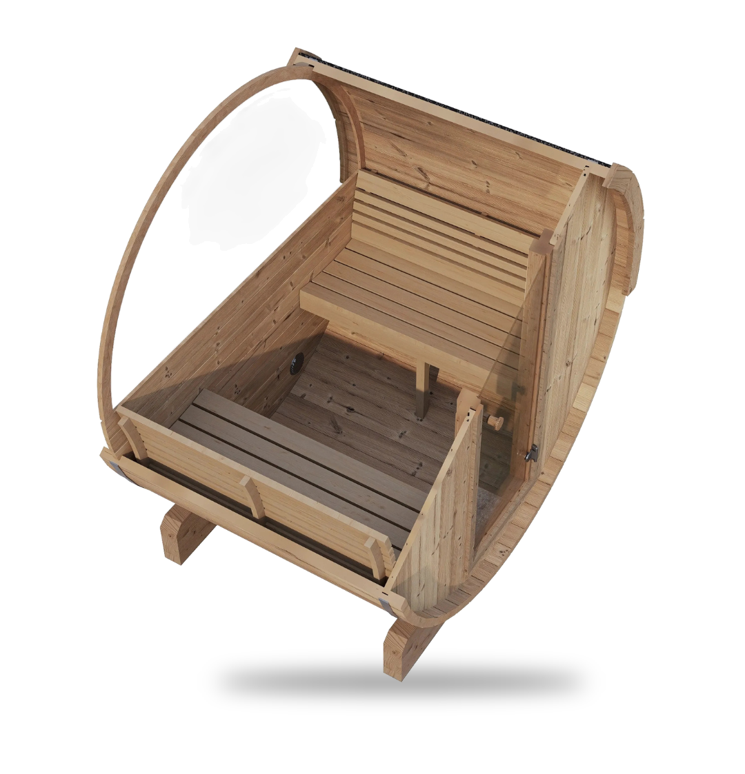SaunaLife Model E6W, 3-person barrel sauna with window, angled view