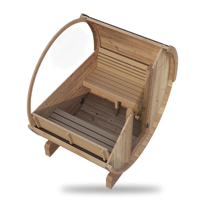 SaunaLife Model E6W, 3-person barrel sauna with window, angled view