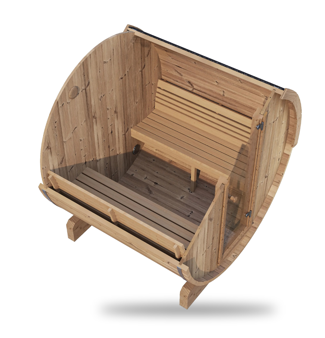 SaunaLife Model E7, 4-person ergonomic barrel sauna, angled view