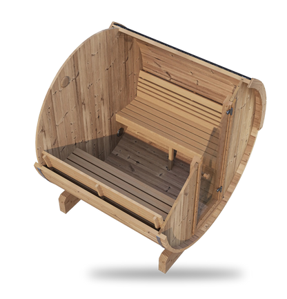 SaunaLife Model E7, 4-person ergonomic barrel sauna, angled view