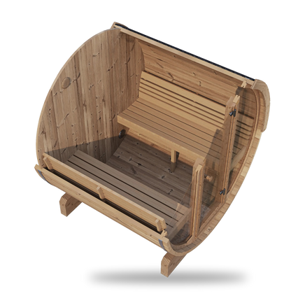 SaunaLife Model E7G, 4-person barrel sauna with panoramic glass, close-up detail