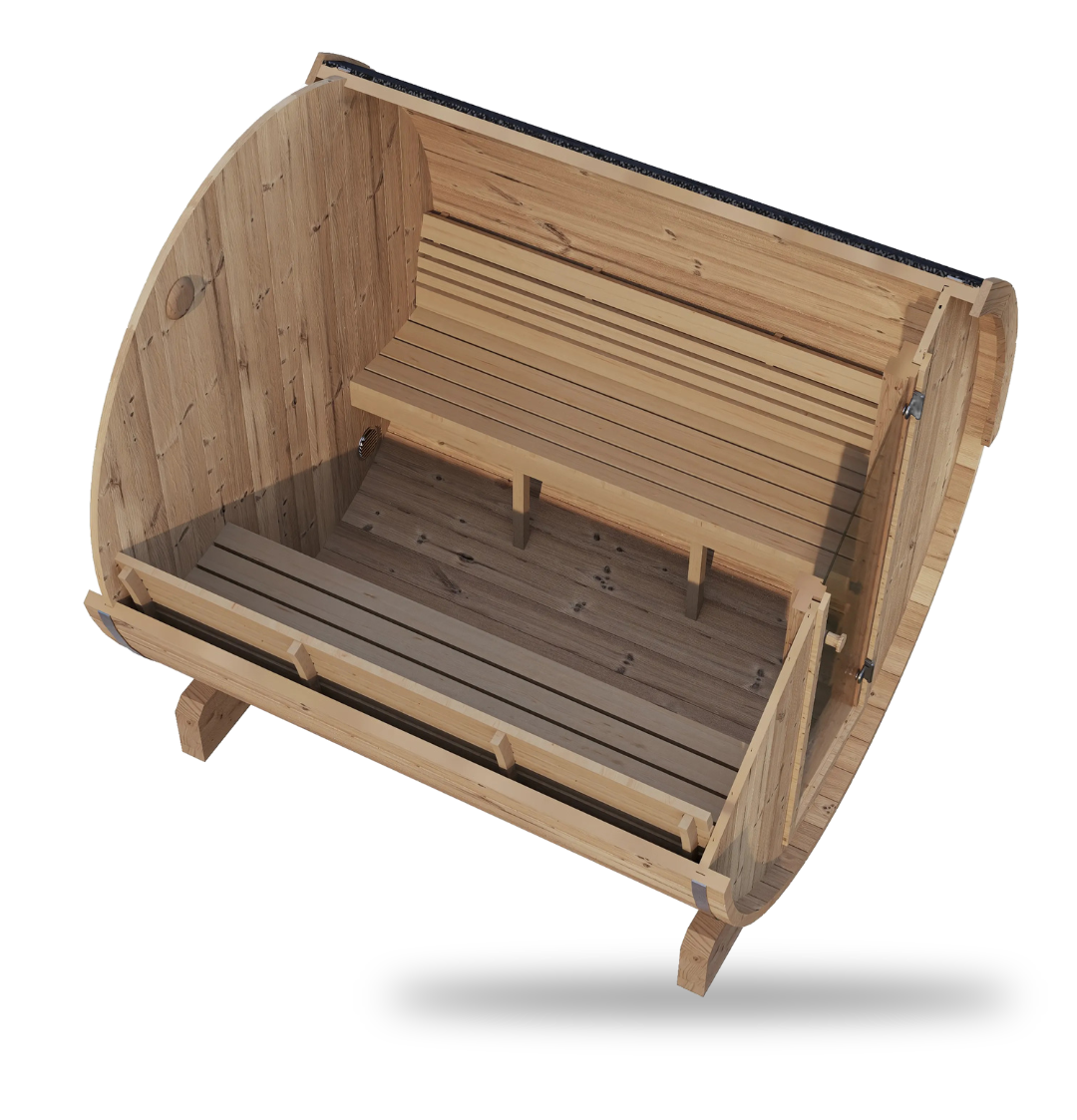 SaunaLife Model E8, 6-person Ergo-Series barrel sauna, angled view