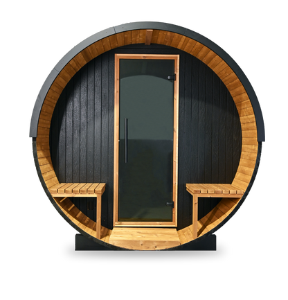 Thermory Ignite Barrel Sauna No. 60, 4-person outdoor barrel sauna, exterior view