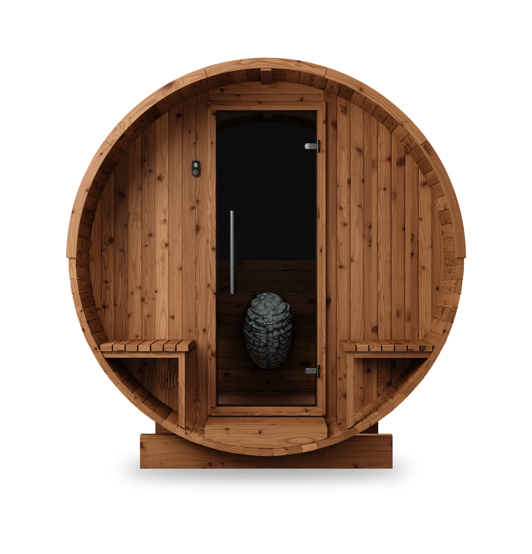 Thermory Barrel Sauna No. 60, 4-person outdoor barrel sauna kit, exterior front view