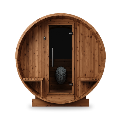 Thermory Barrel Sauna No. 60, 4-person outdoor barrel sauna kit, exterior front view