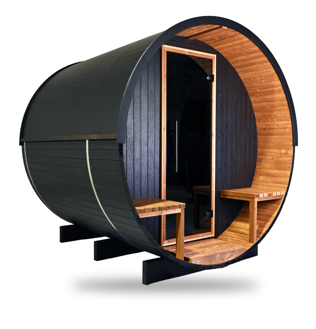 Thermory Ignite Barrel Sauna No. 60, 4-person outdoor barrel sauna, side view