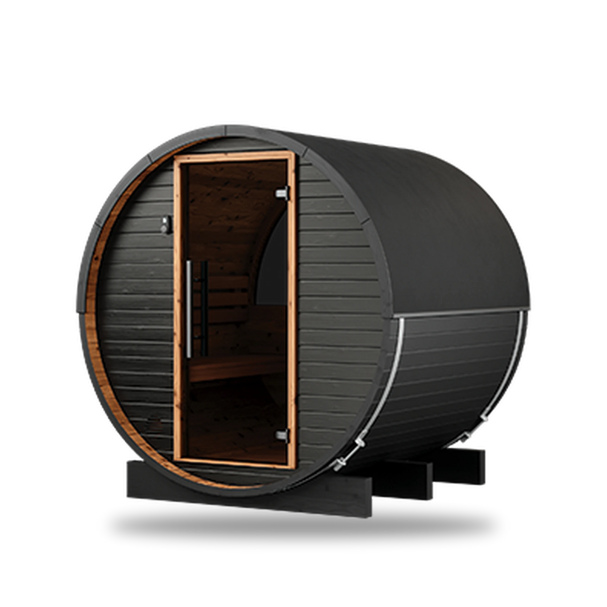 Thermory Ignite Barrel 52 sauna, front angle