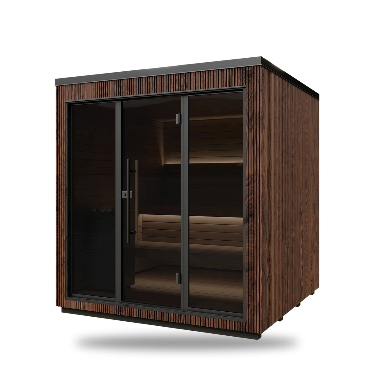 Thermory Luik outdoor sauna, Benchmark Ash exterior, front angle