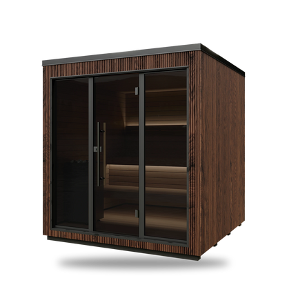 Thermory Luik outdoor sauna, Benchmark Ash exterior, front angle