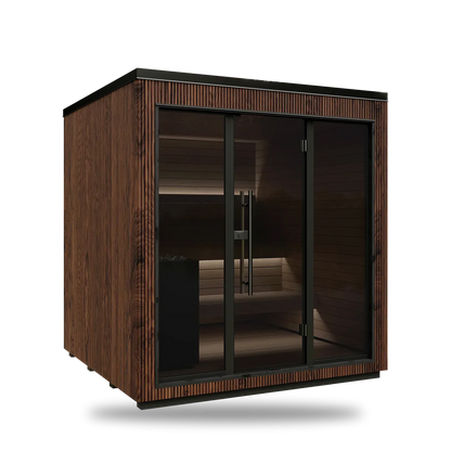 Thermory Luik outdoor sauna, Benchmark Ash exterior, side angle
