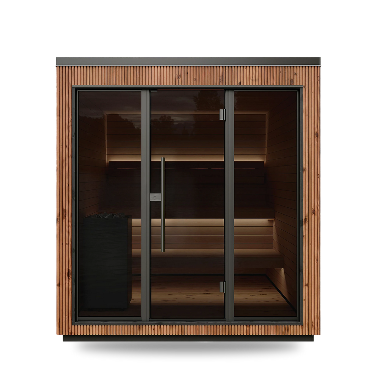 Thermory Luik outdoor sauna, Kodiak Spruce exterior, front view with tinted glass