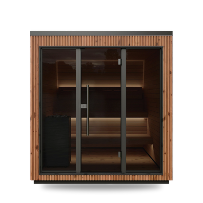 Thermory Luik outdoor sauna, Kodiak Spruce exterior, front view with tinted glass
