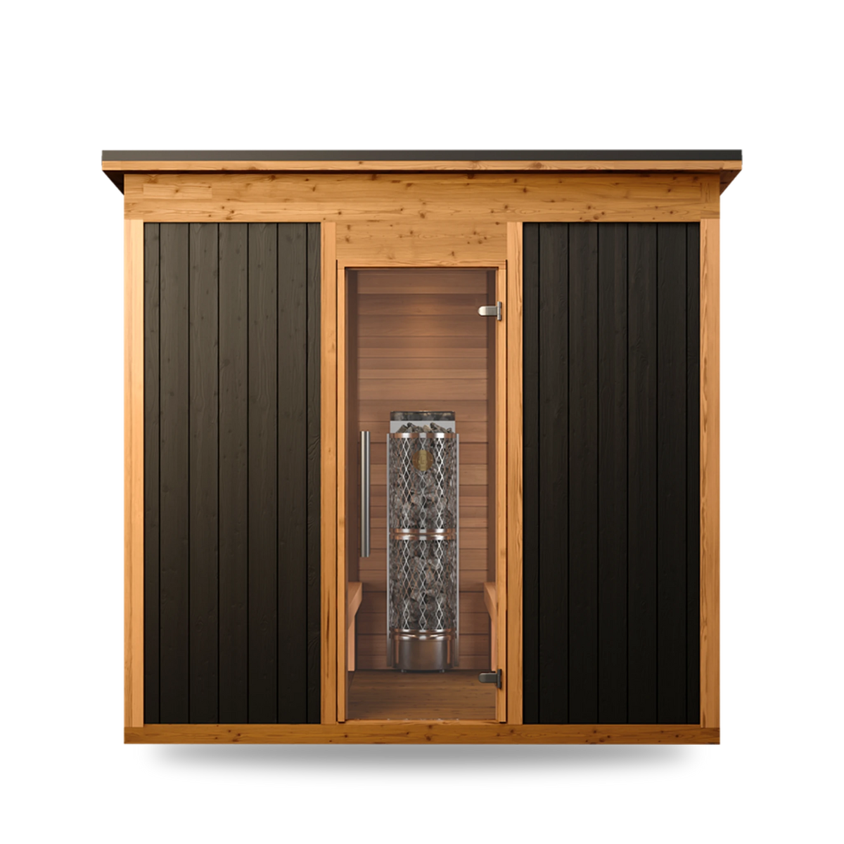 Thermory Mod 6 Modern modular sauna, brushed Ignite exterior, Athletic benches, front view