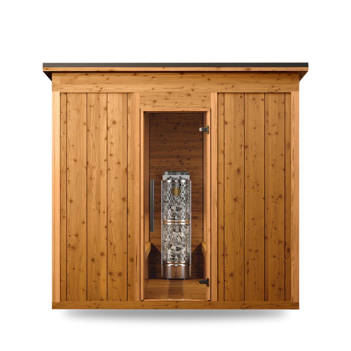 Thermory Mod 6 Traditional modular sauna, Kodiak Spruce exterior, Athletic benches, front view