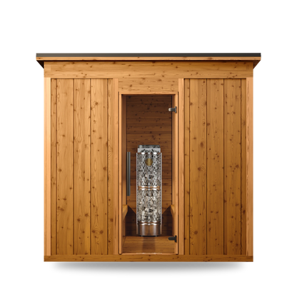 Thermory Mod 6 Traditional modular sauna, Kodiak Spruce exterior, Athletic benches, front view