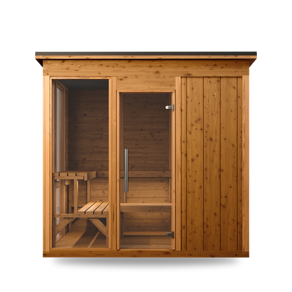 Thermory Mod 6 Traditional modular sauna, Social L-shaped benches, front view