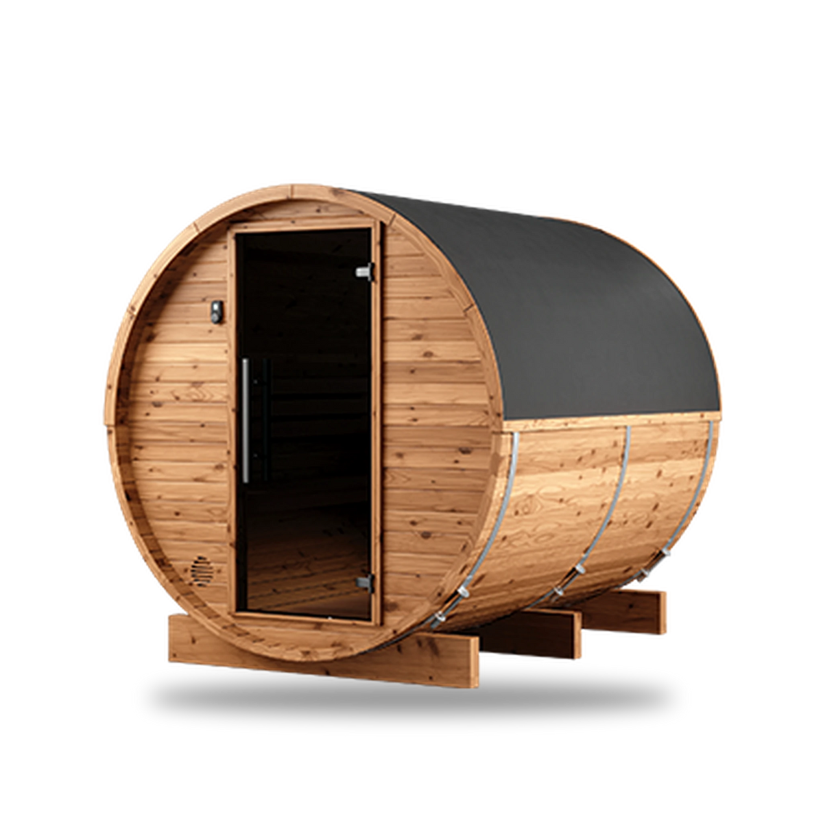 Thermory Natural Barrel 50 sauna with window, front angle