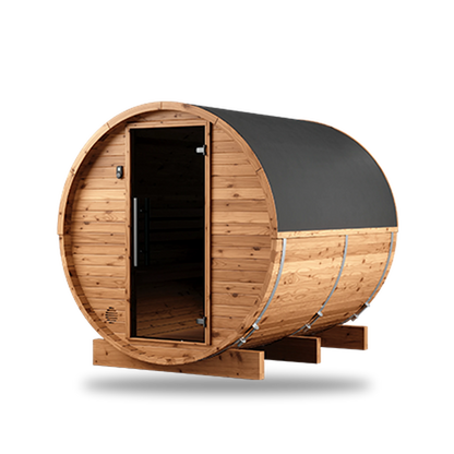 Thermory Natural Barrel 51 sauna, front angle