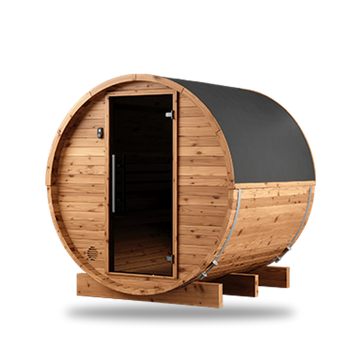 Thermory Natural Barrel 52 sauna with window, front angle