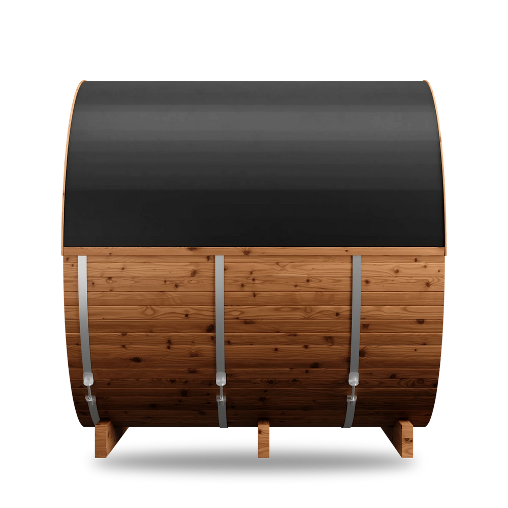 Thermory Natural Barrel 61 sauna with porch, side view