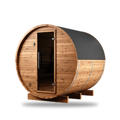 Thermory Natural Barrel 63 sauna, front angle