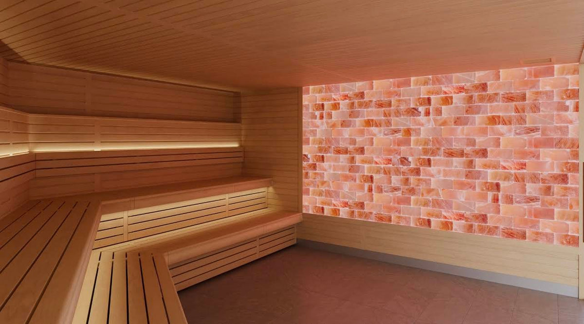 Cedar sauna with a backlit Himalayan pink salt wall
